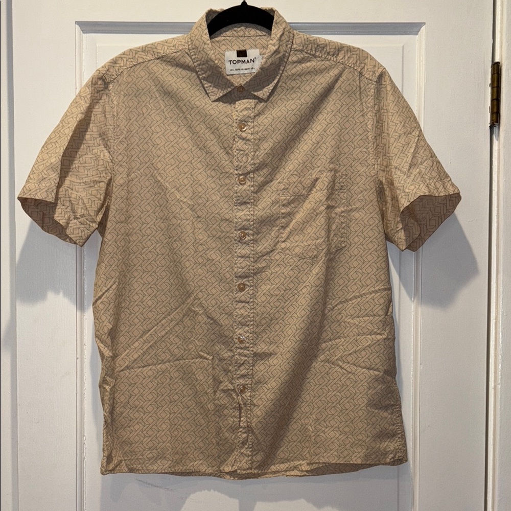 Topman Beige Patterned Men's Short Sleeve Button Down